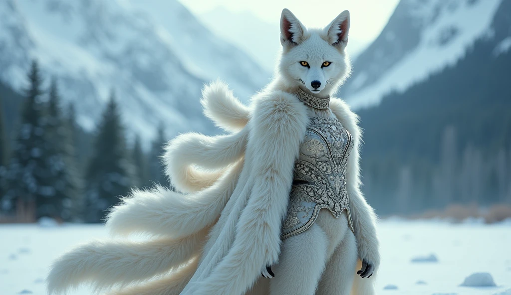 (((solo exhibition)), white fox clothes, lots of decorated costumes, (full body) Take photos of the most beautiful artwork detailed, Intricate details, High detail, Ultra realistic, Hidden armor, proportions, Realistic art,!!!, (((Female Arctic Fox 9 Tails)), Snow covered mountains and forests background, very, very beautiful human art, realistic, 8k, no human hair, no repetition, no repeating tail, no clones, no big heads, ((stuning beautiful idol face)) (highest image quality), (masterpiece), (vibrant, photography realistic, Realistic, Dramatic, Dark, Sharp focus, 8K), (detailed face, lip, nose, rouge, eyeshadow, lipstick, gorgeous face), ((nsfw)) , sexy face beautiful girl, Hour-glass figure body ((full body:1.3)), looking at viewer, blur, blurred background, blurred foreground (bokeh, lens flare, anamorphic lens flare, depth of field), big boobs, long legs, (( 9 Tails:1.2)), beautiful idol chinese girl face