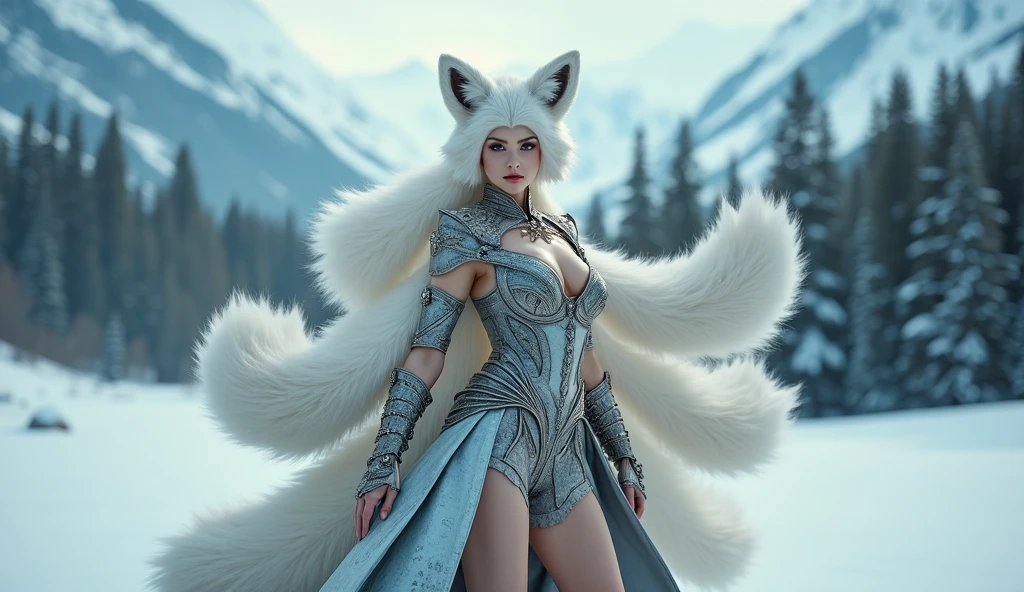 (((solo exhibition)), white fox clothes, lots of decorated costumes, (full body) Take photos of the most beautiful artwork detailed, Intricate details, High detail, Ultra realistic, Hidden armor,  proportions, Realistic art,!!!, (((Female Arctic Fox 9 Tails)), Snow covered mountains and forests background, very, very beautiful human art, realistic, 8k, no human hair, no repetition, no repeating tail, no clones, no big heads, ((stuning beautiful idol face)) (highest image quality), (masterpiece), (vibrant, photography realistic, Realistic, Dramatic, Dark, Sharp focus, 8K), (detailed face, lip, nose, rouge, eyeshadow, lipstick, gorgeous face), ((nsfw)) , sexy face beautiful girl, Hour-glass figure body ((full body:1.3)), looking at viewer, blur, blurred background, blurred foreground (bokeh, lens flare, anamorphic lens flare, depth of field), big boobs, long legs, (( 9 Tails:1.2)), beautiful idol chinese girl face