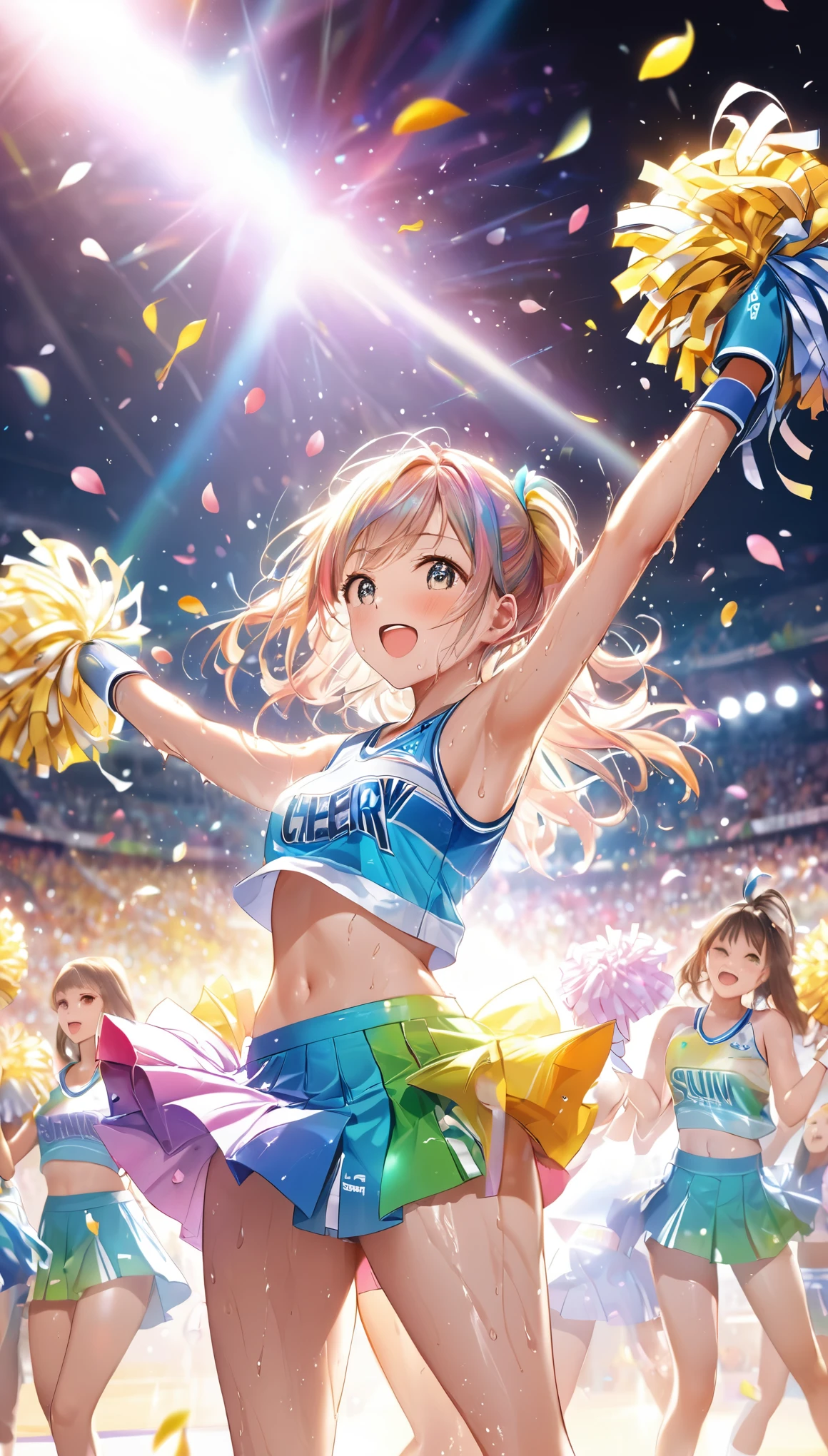(Sports magazine cover photo), Highest quality, Great quality, 16K, Unbelievably absurd, Very detailed, delicate and dynamic, Natural light, The particles reflect light, Diffuse reflection of light, Many rainbow-colored petals fall, Beautiful stage, Sparkling Sun, Diffuse reflection of light, Create amazing image effects, Cheer girl, Wet, sweating, Cheerleading, Holding pom-poms, Dancing, Close-up(Cute sexy girl, big bouncing busts, Sensual expression, Cool girl, Serious, passion, Dynamic, cheerleading uniform, audience ,much-air-laden cheer)