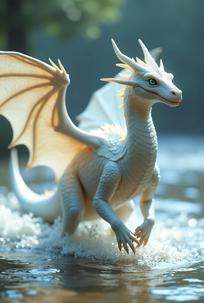 Side view of an adult sized beautiful 4 legged female white dragon with large wings, and dinosaur-like electric blue eyes walking in shallow water, fierce features, sharp teeth, long tail, spikes along head with water-like qualities. The white scales of the dragon shimmer against the water.