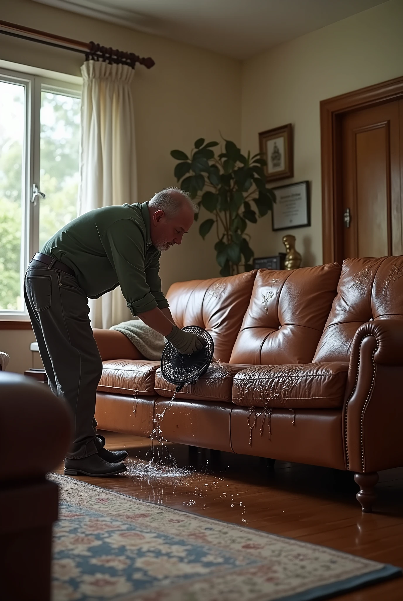 A person drying flood water wet leather sofa at home
