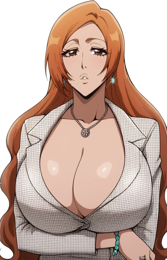 Inoue Orihime,Big breast,unbuttoned Cleavage,lariat necklace,Long pink nail,Hoopa bracelet,Earpiercing,Bleach Anime artstyle,Half eyes open,Spouty mouth,Thick lips,Curvy figure,Big wavy hair,Enchanced breast,tight thights,gaze on viewer,ear visible,bouncy breast,unnatural big breast,crossing arm,heart shaped Earrings,Light blush,Swaying hips,Enormous Big breast,H cup,Blunt hair bang,thick wavy long hair,Bob long hair,Long nail,Long bang hair,Milf,Mature,Wedding ring,Long sleeve,Tanned skin,((yelliw Blonde colored Hair)),Eyeshadow