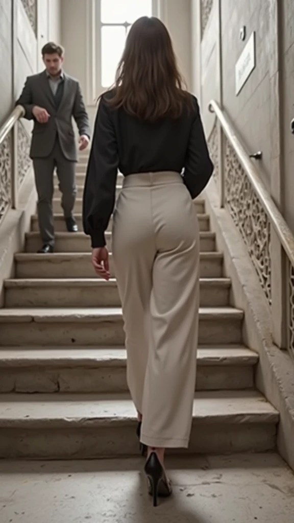 A man follows a woman up the stairs
