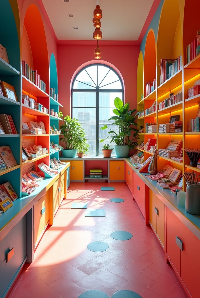 create the interior of a colorful stationery store in the form of architecture and interior design with several colorful shelves and a different design in the square format on the floor plan