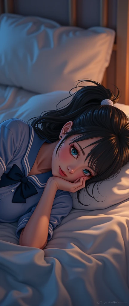 (32K:1.9, Realistic:1.9, Highest quality, masterpiece, Ultra-high resolution), Perfect dynamic composition:1.3, Highly detailed skin and facial textures:1.3, (Cute sexy slim Japanese schoolgirl, height: 155cm), ((Lying in bed。Kiss you:1.4)), Fair skin, ((Clarity:1.1)), (The woman is wearing a uniform with a light blue bow tie., Ponytailed black hair:1.3, smile:0.9, A man completely charms a woman:0.9, beautiful Blue Eyes, beautiful, Clear Eyes:0.8), Sexy Face:0.4, blush:1.1, ((beautifulエロティシズムを醸し出す雰囲気:1.0, Professional random camera work:1.0, Cinematic Lighting Effects:1.0, romantic:1.0, artistic:1.0, mysterious:1.0)), Too erotic, Object of admiration, original, dramatic, Innovative, charm, Heartful, Fancy, Tilt, sense of loss, special, exciting, Extreme, sense of openness, joy, joyの表現, ((若さのcharm, 女性的なcharm))