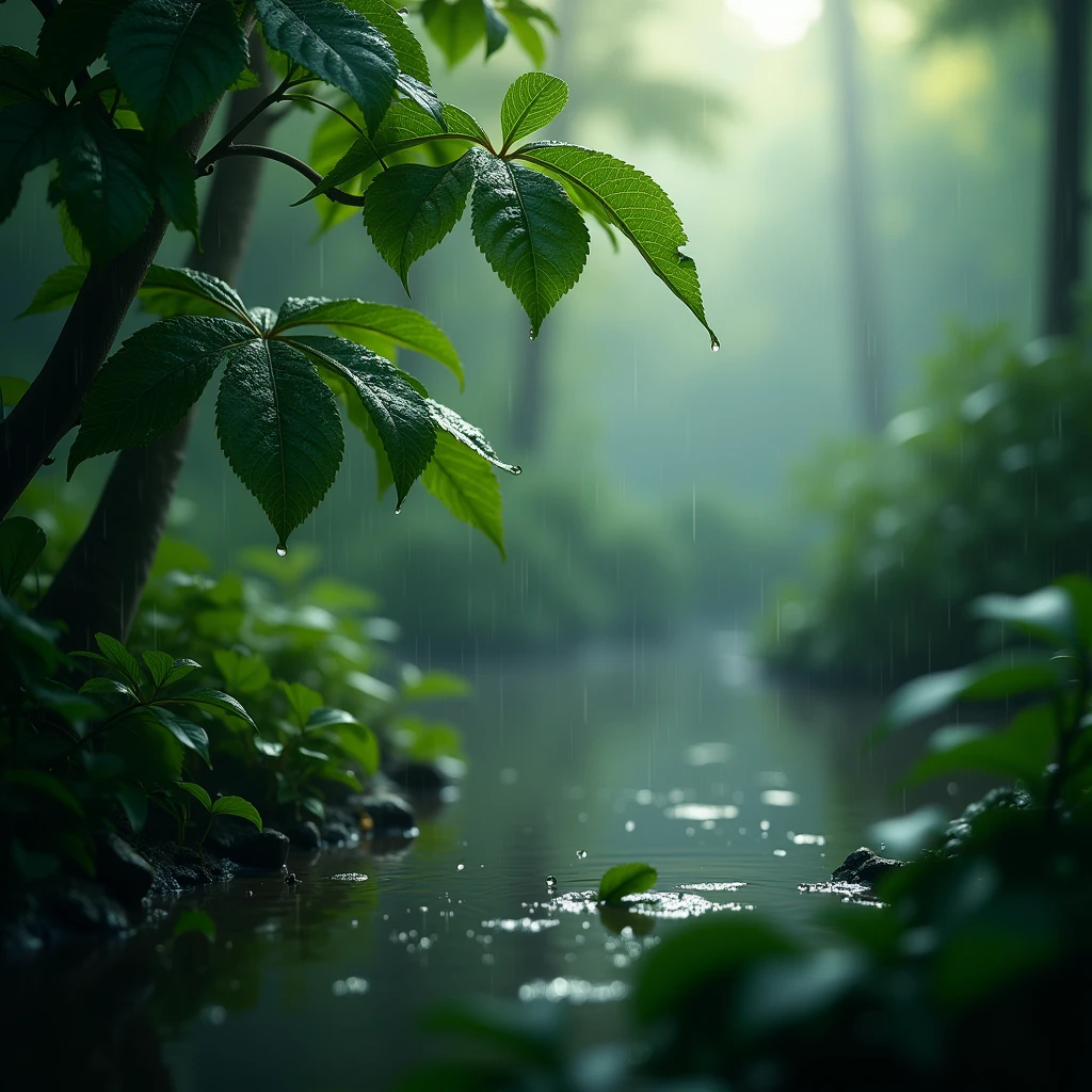 Heavy rain in the morning that wet the leaves