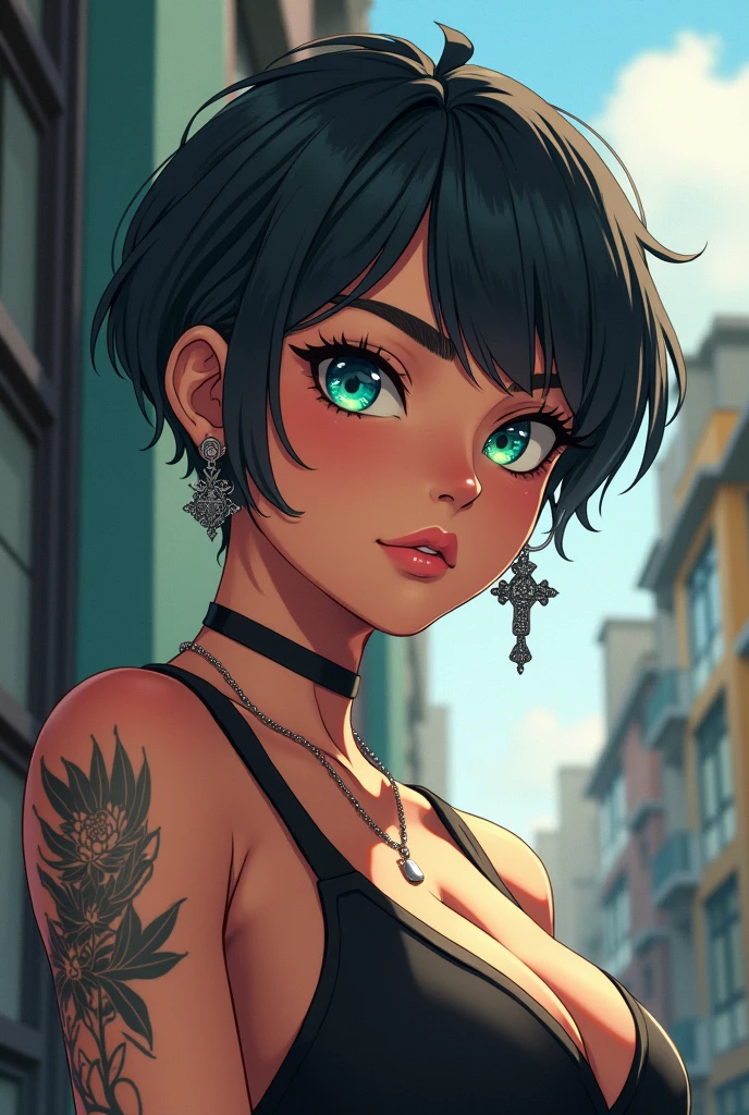 Anime tomboy girl, with tanned skin. Good figure, has a tattoo on his arm, about -1. Wear cross earrings. There is a short haircut like a boy. Half Thai and half Russian, Left eye is blue, right eye is green.
Cool.