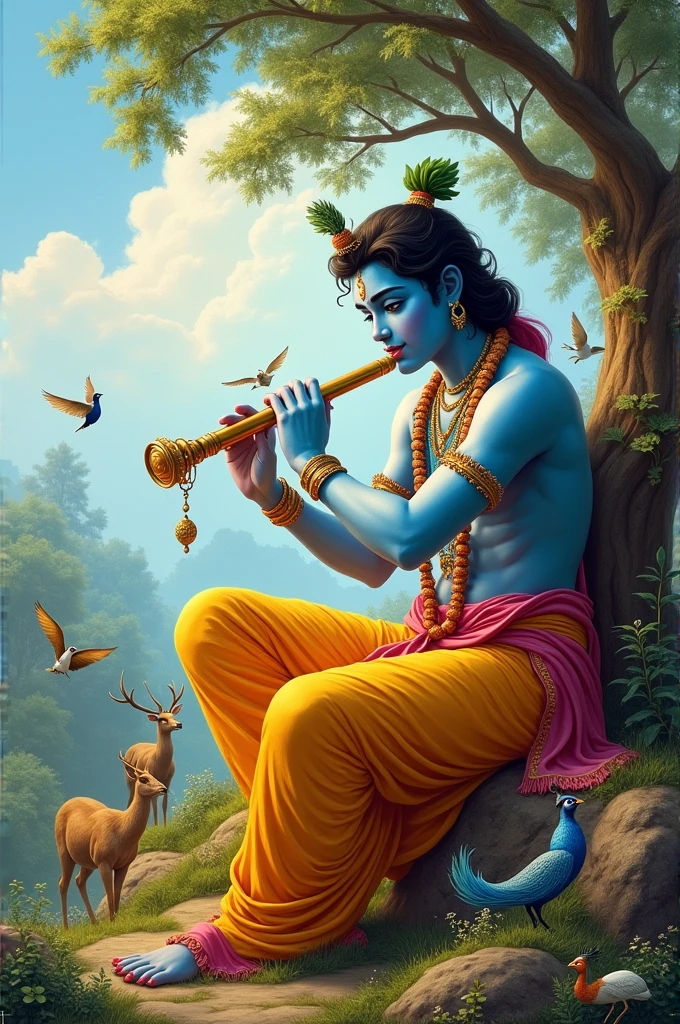 Create a picture of sitting lord krishna with flute and Shri radhika is sitting beside him there is a very pleasant day many birds and many animals are moving around them 