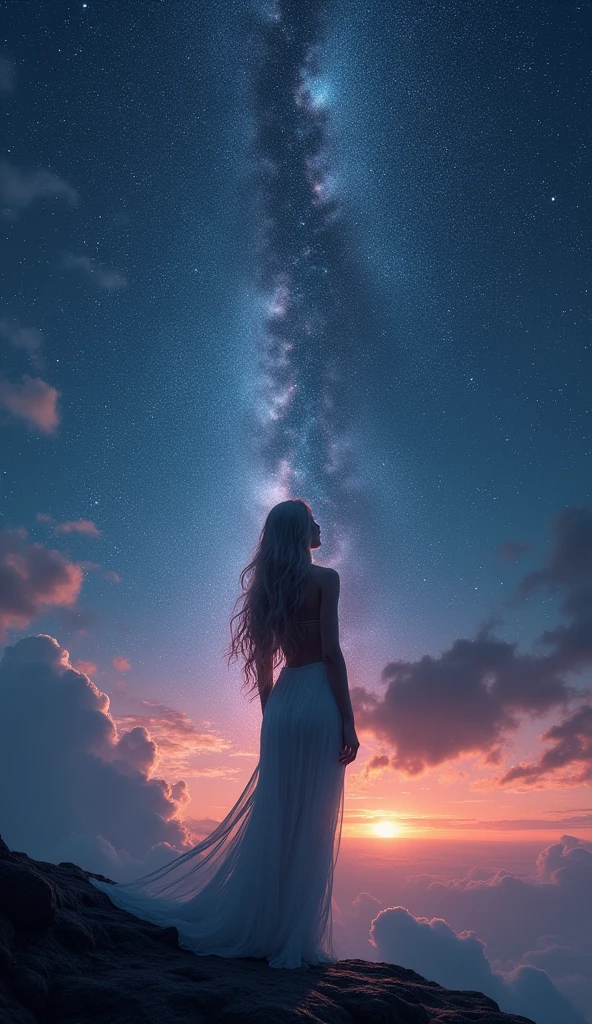 words "unlimited" It's written in big letters at the bottom of the screen., ((masterpiece, Highest quality, Best image quality, High resolution, Realistic, RAW Photos, 8k)), ((Highly detailed CG synthesis 8k wallpaper)), (Huge and stunning goddess shot, Very hot and y, Incredible beauty, Perfect Proportions, Beautiful body, Slim body beauty:1.4), Midnight, Looking up at the stars from the observation deck of a huge spaceship, Ancient Gods々The sky I looked up at, The origin of humanity, View from behind,