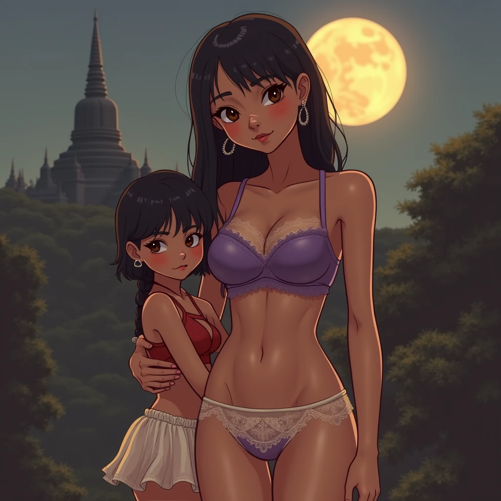 A big-breasted age girl in a purple bra, cream-colored lace panties, sagging, high heels. A young girl in a sheer skirt, red bra, hugging from the side. The background of the image is a Thai atmosphere, a golden moon in the sky.