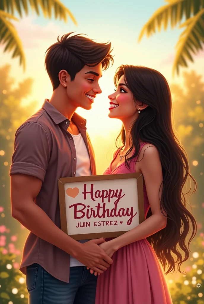 A young man with light brown skin and dark reddish brown eyes , a little muscular and short hair happy called Juan Esteban Gutiérrez Ortiz because in front of him is his friend Danna with dark skin, dark brown eyes and very long hair down to her tail (women) young man holding a sign that says "Happy birthday Juan Esteban Gutierrez Ortiz ♡" that they look at each other's faces with joy and in the background there is a landscape that represents that joy and that they have a nice matching outfit , but they look younger and the boy is like flirtatious and with hair a little shorter And the young girl looks a little younger with a submissive face, Well, they are looking slightly at the camera here in front.