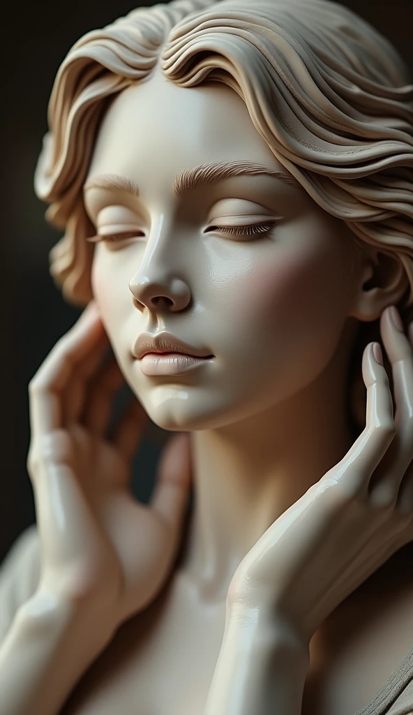 woman, ceramicmaster, during making handmade ceramic statue, detailed face and hands, extremely detailed face and skin, intricate statue sculpture, pottery studio, natural lighting, warm color tones, highly detailed, 8k, photorealistic, masterpiece, award winning art, HDR,UHD,studio lighting,ultra-fine painting,sharp focus,physically-based rendering,extreme detail description,professional,vivid colors,bokeh,fantasy art