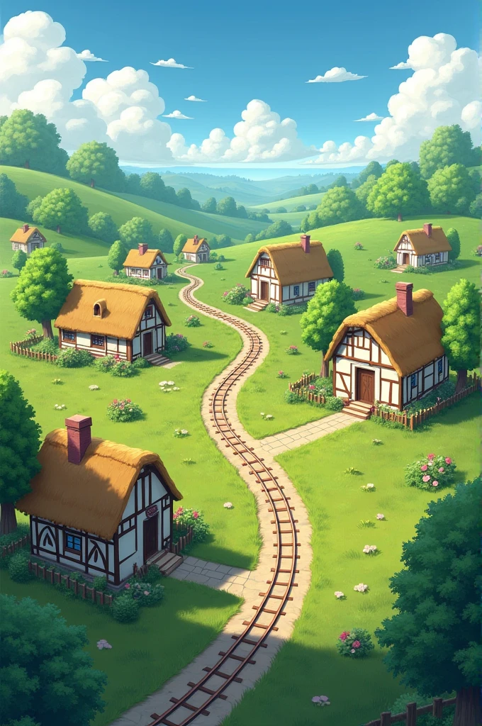 A rural village with a small railway track running through it. The background should include simple village houses and greenery.