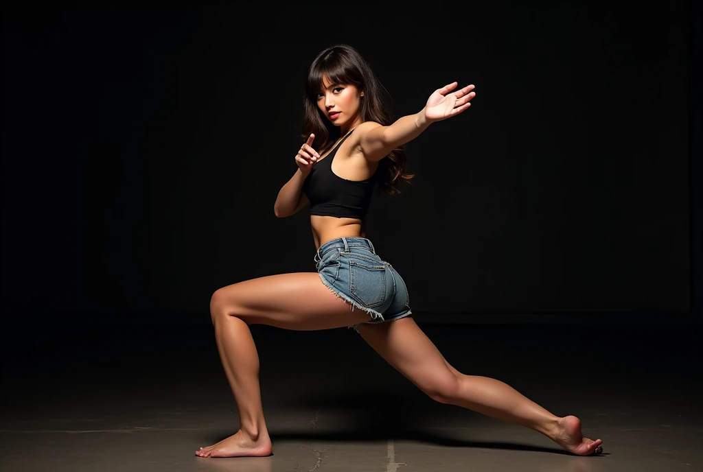 (Generated in SFW:2.0), masterpiece, Highest quality, Realistic photos, RAW Photos, dynamic dancing woman, alone, Beautiful Face, Bangs that fall on the forehead, Casual clothing, (Tight tank top:1.2), (Denim shorts:1.2), No sleeve, Seductive body lines, alluring looks, break, Cool dance, break, Hip Hop Dance, (Black background color:1.5), (A dark background to make your subject stand out:1.1), (Focus on the eyes), (Full Body Shot:1.2), break, Street dance, Hip Hop Dance, Club dance, dynamic pose, dynamic, Moments that captivate you, Concentrated face, View your viewers, bend, Spread your legs, Cool pose, Apply random anagrams to create completely different new works,