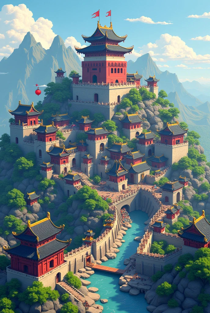 Pixel art, Romance of the Three Kingdoms, Spring and Autumn Period and Warring States Period, Ancient China, Oriental fantasy, Castle icon, Castle wall with watchtower, Walled city, City with 100,000 inhabitants, Quarter view, Pixel art, Voxel art, PBR rendering, Block art, LEGO block, Deformed icon