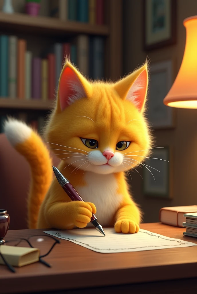 A yellow cat writing 
