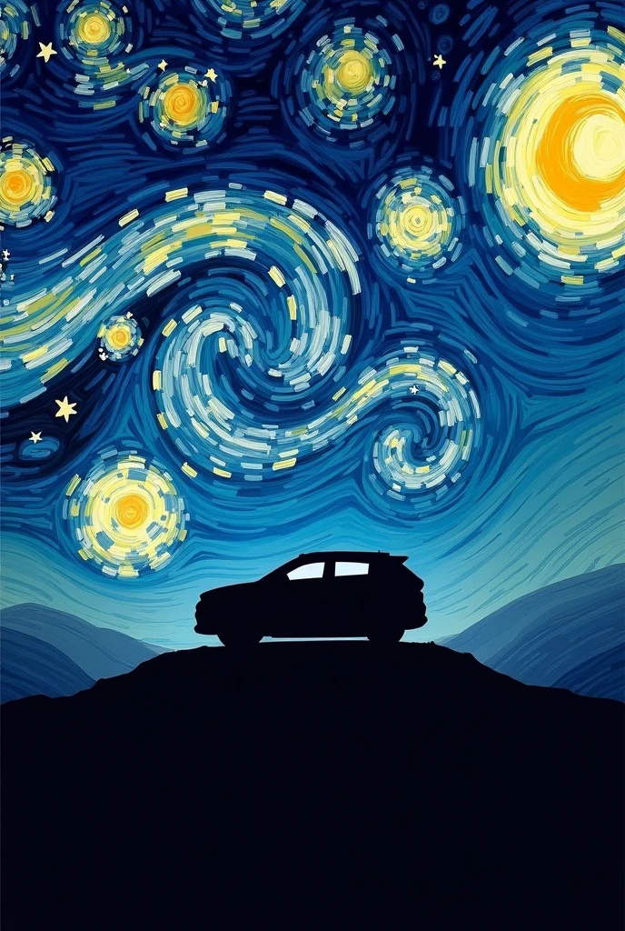 Van Gogh’s starry night with a silhouette of a Hyundai creta in the background. And the image being very artistic. Just like the original starry night art. And let the landscape be vast and the car a bit smaller. The car must be black and in silhouette of the moon and star reflection. The car must be tiny and the starry night should immerse the landscape just like the original paining by Van Gogh. Car must blend in. And it must be tiny. It should be like Van Gogh added a car’s silhouette in the painting. Black car’s silhouette. It should be like there’s a car’s shadow casted by the starry night. It should be starry night behind and car tiny. Tiny car and starry night big in city scape just like the art 