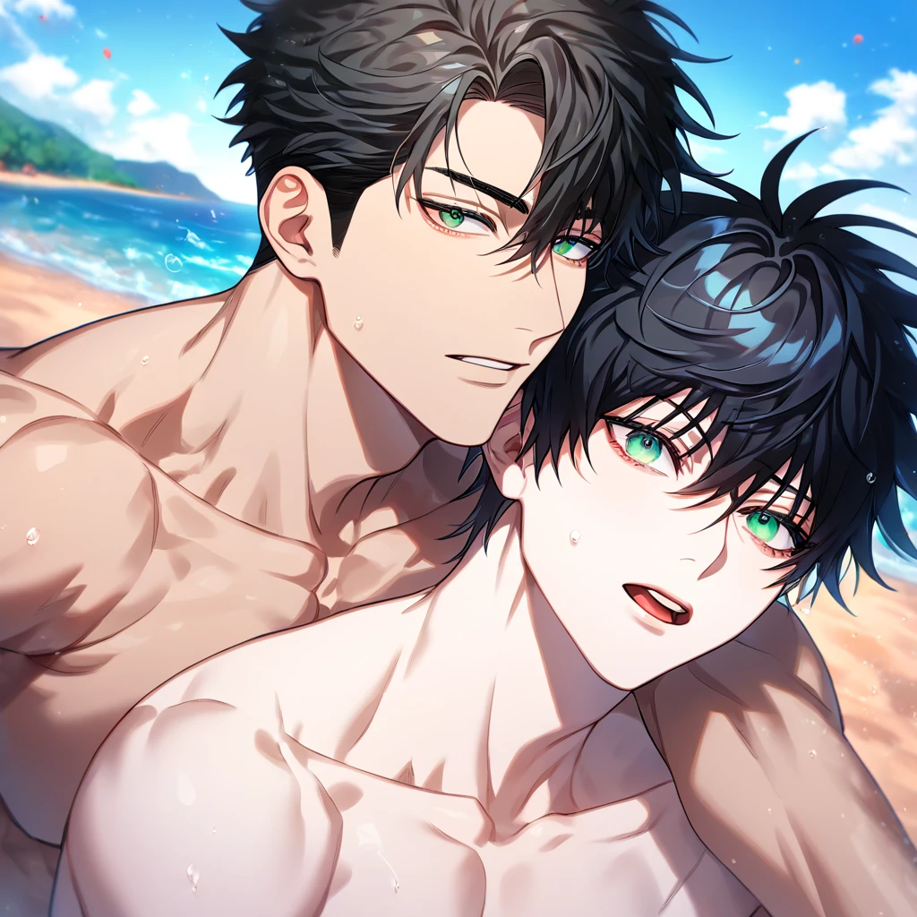 absurdres, highres, ultra detailed, HDR) master piece, best quality, extremely detailed, Kang Woojin, black hair, messy hair, expressive red eyes, hair between the eyes, Love Jinx, Fushiguro Megumi, black hair, expressive green eyes, two sexy men together, yaoi, gay couple, handsome, manly man, adult face, bare chest, without shirt, sea, beach, blue sky, Jujutsu Kaisen