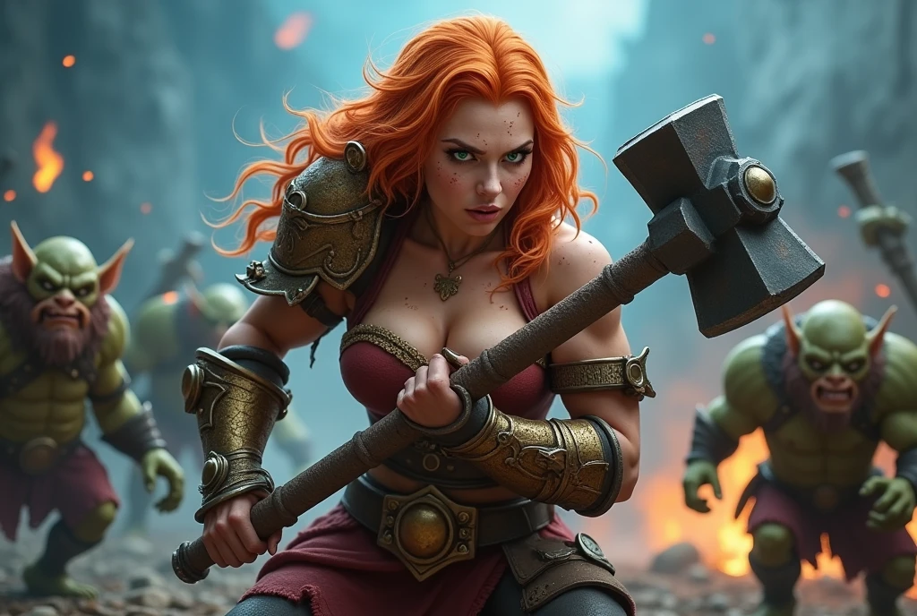 Close up of Dwarven woman, orange hair, maroon armor with gold trim, heavy armor, chubby cheeks, green eyes, freckles on cheeks, freckles on top of breasts, freckles on legs, she has a thin muscled waist that emphasizes her ample bosom and wide hips and round bottom. the tops of her breasts spill out for her top. exterior background, blue sky, battleground, smoke, fire, fighting. Show her holding a war hammer, fighting a group of goblins crouched in a battle stance. She has an intense focused look on her face ready to face the threats around her. goblins surround her, surrounded by green goblins. super high quality, super high detail, masterpiece, 4k, 8k, HDR, masters of the universe, vibrant colors, dark shadows, dim lighting, 3DMM. ensure her hands have the correct number of fingers, and that the skin on her hands match the rest of her body.
