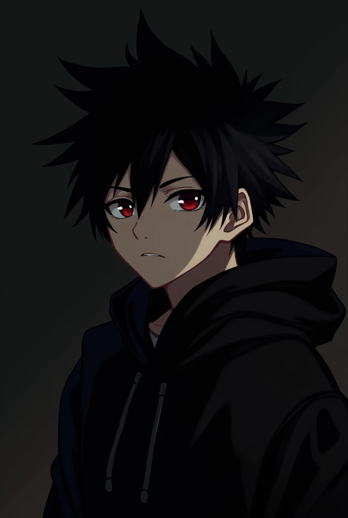 Anime boy , Spiky hair , black hair , black hoodie , red eyes , narrowed eye , blank black background , side view , listening to songs
