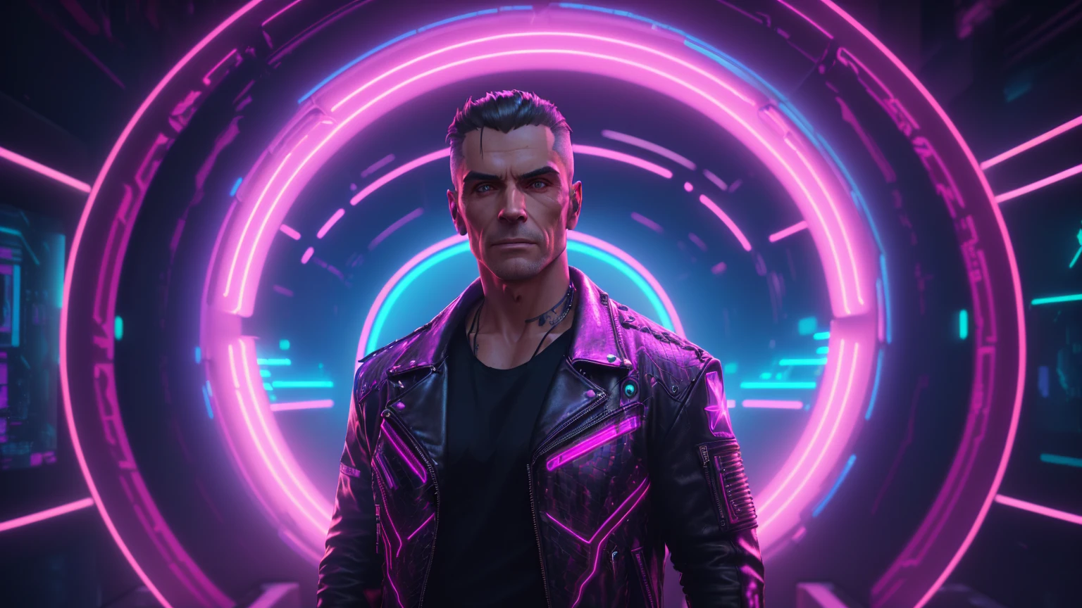 a man in a leather jacket standing in front of a neon tunnel, cyberpunk art ultrarealistic 8k, arnold maya render, anton fadeev 8 k, highly detailed vfx portrait of, highly detailed vfx portrait, cyberpunk 2 0 7 7 character art, greg rutkowski octane render, 8k portrait render, cyberpunk with neon lighting, cyberpunk 2077”