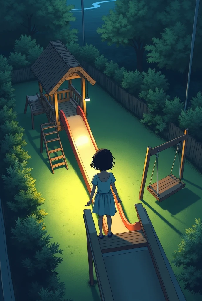 An view from 5 floor of a garden with one slide and swing and light above the slide where A of 5 to 6 years of age girl is standing on slide whose face isnt visible due to lack of light 