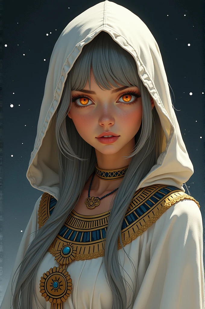 Illustration jeune femme cheveux gris court ondulés. orange eyes. Tan. Egyptian type clothing. Cape and hood. Pieds nus sur du sable blanc de nuit