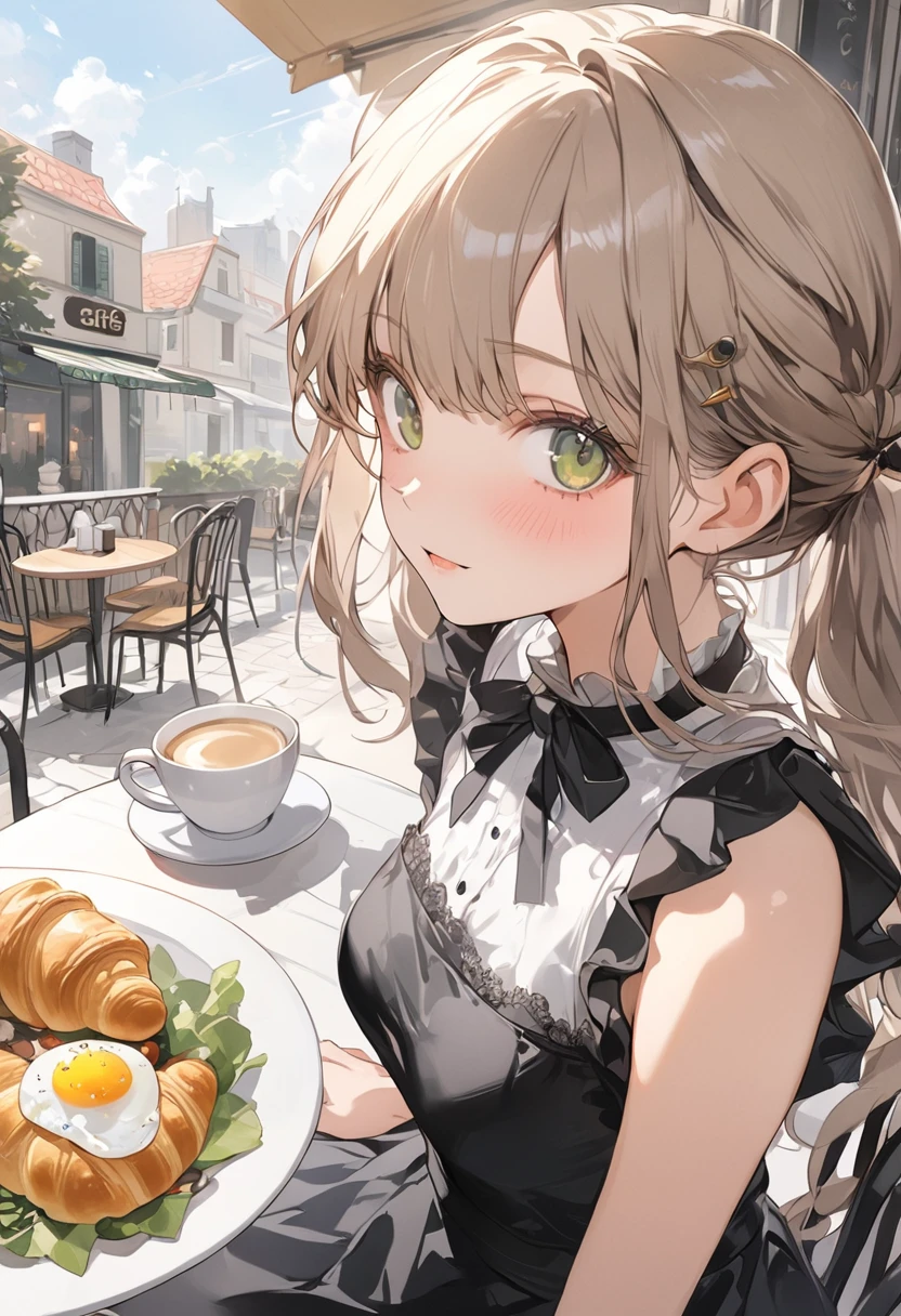 ((best quality, high resolution)), (delicate illustration), (vividcolor style illustration:0.9), (watercolor style illustration:0.4), ((beautiful:1.3)), 4k,
(((a beautiful women))), masterpiece, detailed depiction, official art, humorous touches, breasts:0.7, dark green eyes, (blush), ((Black maid outfit,)), long Hair, pale purple,low-twintails,blunt bangs, small breast,A girl pulls out a table and chairs and invites people to sit down. On the table are fried eggs, vegetable salad, croissants, and coffee.. (((Cafe Terrace:1.3))), ((glance upward at viewer)), cowboy shot,