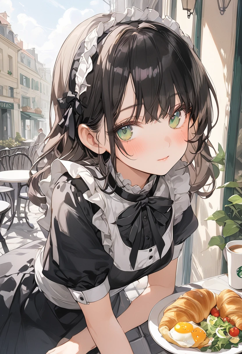 ((best quality, high resolution)), (delicate illustration), (vividcolor style illustration:0.9), (watercolor style illustration:0.4), ((beautiful:1.3)), 4k,
(((a beautiful women))), masterpiece, detailed depiction, official art, humorous touches, breasts:0.7, dark green eyes, (blush), ((Black maid outfit,)), long Hair, pale purple,low-twintails,blunt bangs, small breast,A girl pulls out a table and chairs and invites people to sit down. On the table are fried eggs, vegetable salad, croissants, and coffee.. (((Cafe Terrace:1.3))), ((glance upward at viewer)), cowboy shot,