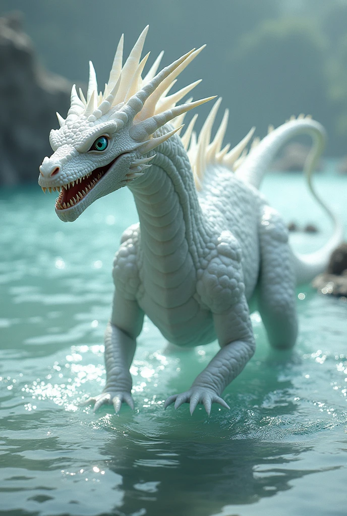 Side view of a beautiful 4 legged large female white dragon with large wings, and dinosaur-like electric blue eyes walking in shallow water, fierce features, sharp teeth, long tail, spikes along head with water-like qualities. The white scales of the dragon shimmer against the water.
