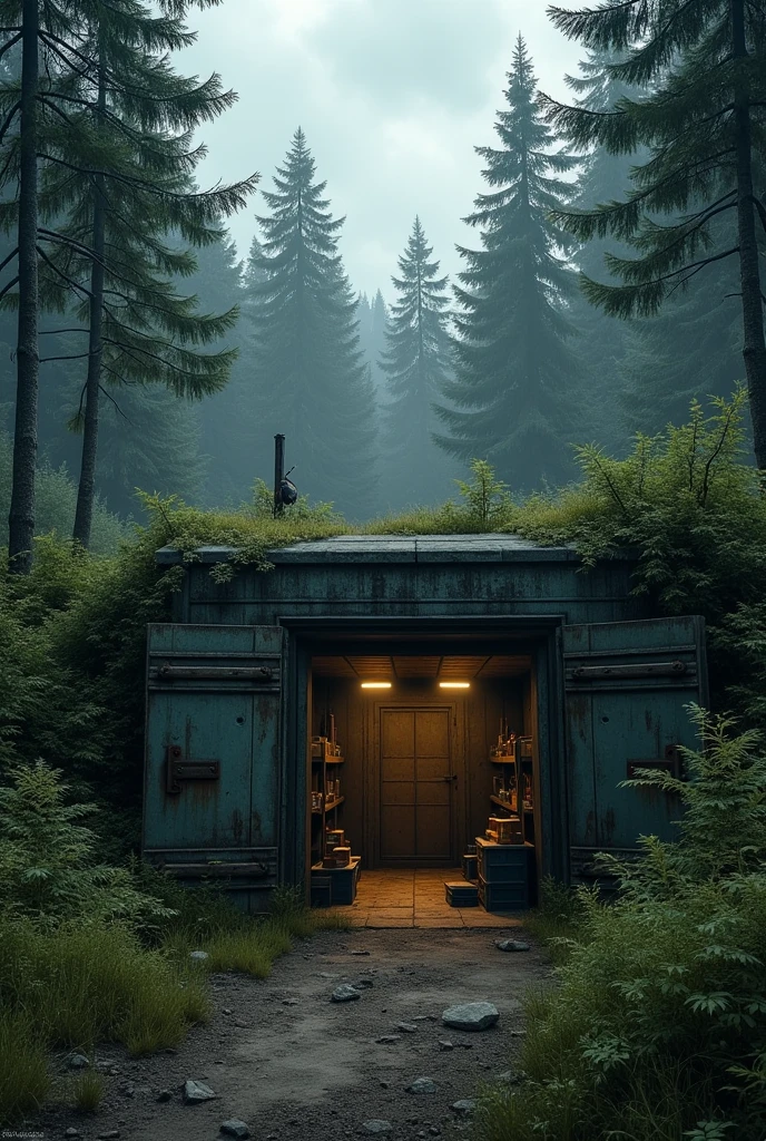 Create a detailed image of a shelter in the Erangel map of PUBG. The scene is set in an underground bunker, surrounded by a forest with tall, dense trees. The bunker entrance is partially hidden by overgrown grass and bushes, with weathered metal doors that show signs of rust. Inside the shelter, there are scattered crates, military supplies, and a few weapons, all dimly lit by a flickering overhead light. The atmosphere is tense, with a sense of abandonment and survival. The sky above the shelter is cloudy, adding a moody and ominous feel to the environment.