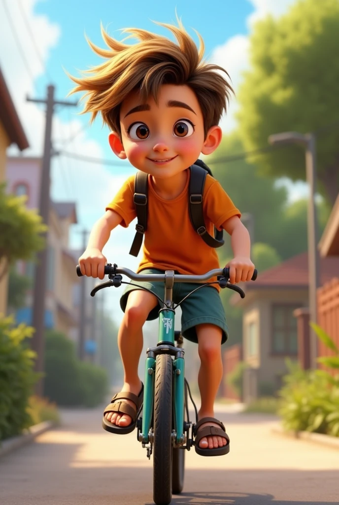 Image of a blond, straight brown hair cut on the forehead, black eyes in Pixar format, He's the  alabester, He is extroverted, Playful and stands up for many things,He likes sandals and shorts and is messy when riding his bike.