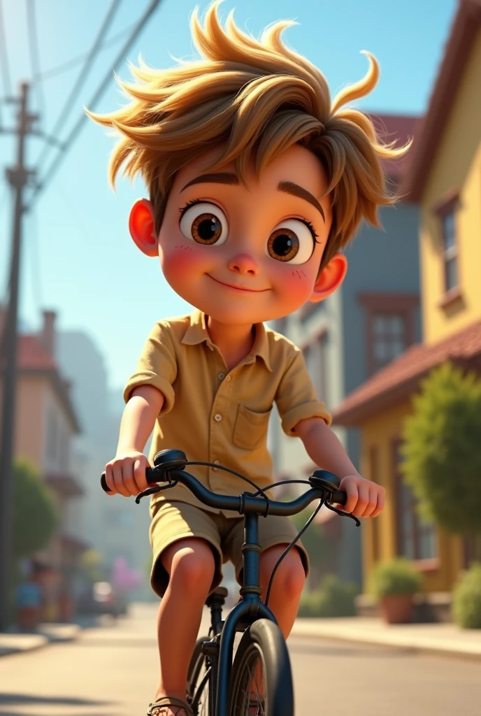 Image of a blond, straight brown hair cut on the forehead, black eyes in Pixar format, He's the little alabester, He is extroverted, Playful and stands up for many things,He likes sandals and shorts and is messy when riding his bike.