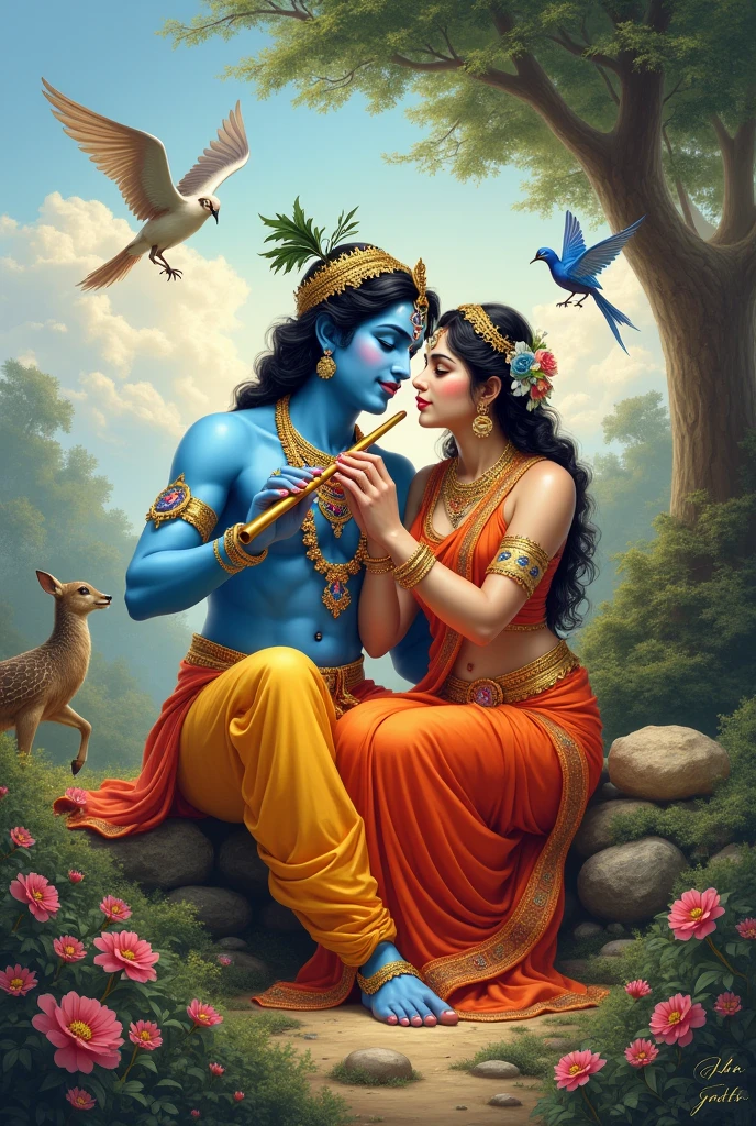 Create a picture of sitting lord krishna with flute and Shri radhika is sitting beside him there is a very pleasant day many birds and many animals are moving around them 