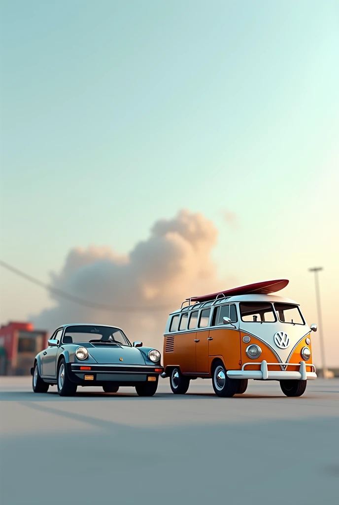 (photorealism:1.2), Two cars, one in front of the other, Kombi with a surfboard on the roof, crash in back, clean background, 8K, High Quality,