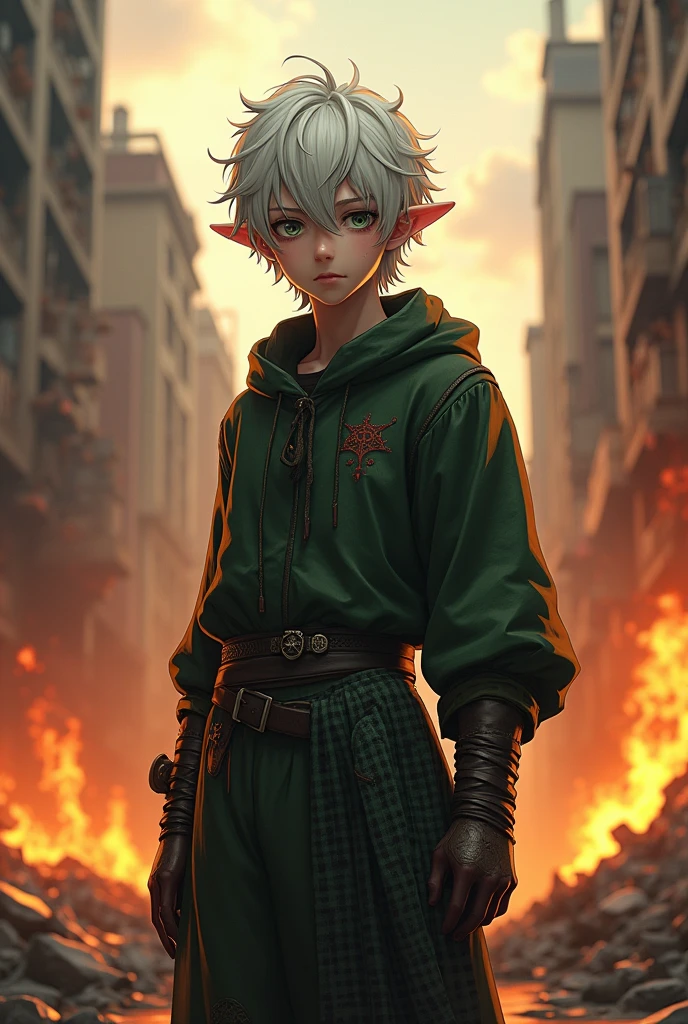 (photorealism:1.2) (Anime style) A young guy (about 1) with fluffy snow-white hair, pointed ears and tired eyes stands in the middle of a burning city. He is dressed in dark green clothes, and a piece of cloth in a black and green check is wrapped around his arm. This piece of cloth, as well as his clothes, are singed
