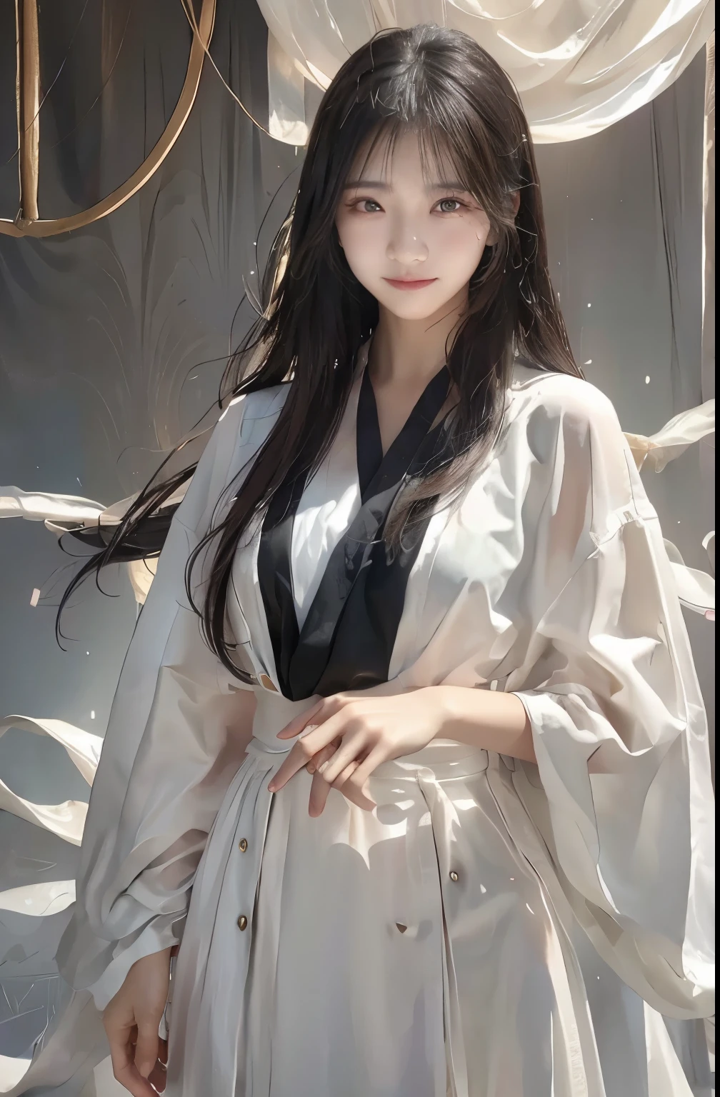 realistic, high resolution, 1 woman, alone, View viewer, (detailed face), black hair, long gray hair, white gown