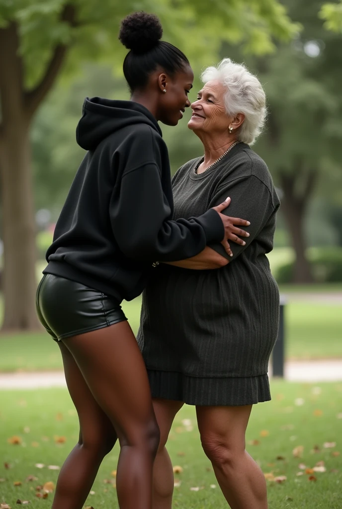 black woman hair in a bun black hoodie black leather short shorts bending over getting fucked in the ass by a old ugly woman in a dress in a park
