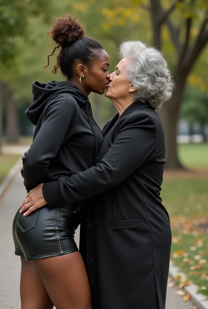 black woman hair in a bun black hoodie black leather short shorts bending over getting fucked in the ass by a old ugly woman in a dress in a park
