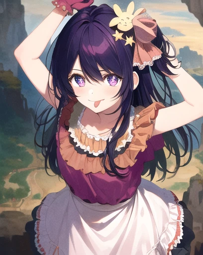 1girl, full body, cowboy shot,
(Rembrandt), illustration, (masterpiece), (best quality), (ultra_detailed), finely detail, (Depth of field),
HshinoAi,gloves, tongue out, tongue, long hair, star \(symbol\), looking at viewer, (purple hair:1.2), purple eyes, upper body, hair ornament, :p, frills, pink shirt, smile, sleeveless, shirt, idol, symbol-shaped pupils, hands up, bangs, one side up, star-shaped pupils, arms up,
dress pull,
Roaring Twenties, isometric, from above, sky, flower, cliff,
