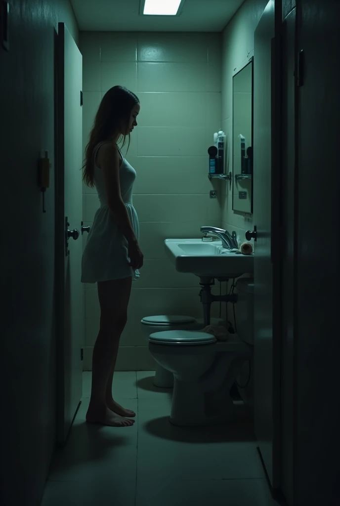 A girl in bathroom   a college hostel. There is a hidden camera behind her. The background is dark theme for privacy.