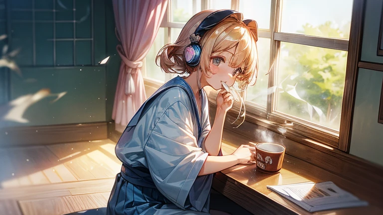 Highest quality,Asahiが差し込む部屋,One girl,(Middle school students),(happy smile),Eating a delicious sandwich,Steaming hot coffee on a desk,listening to music with headphones on,Asahi,Windows are open、Wind、Light、curtain,女の子の髪もWindに揺られている。Lightがキラキラきらめいて美しい。My eyes are at the window。The background is watercolor-like anime style.,部屋の中はLightの粒子が煌めいて幻想的になっている,looking away,full body,wide angle