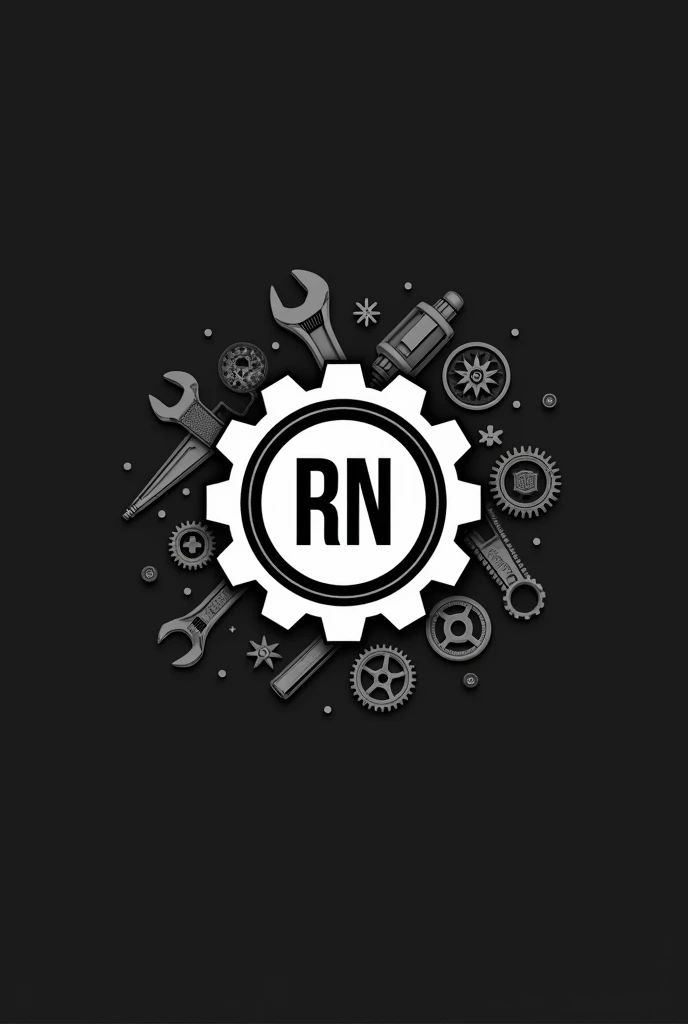 RN logo that is black and white, related to mechanical engineering with mechanical tools and equipment in background inside the gear, cool yet simple
