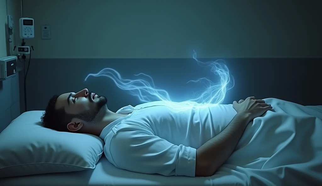 Image of a dead man lying in a hospital bed. His transparent blue soul comes out of his body, the soul is the outline of the man as if the spirit/soul was
coming out of the man.