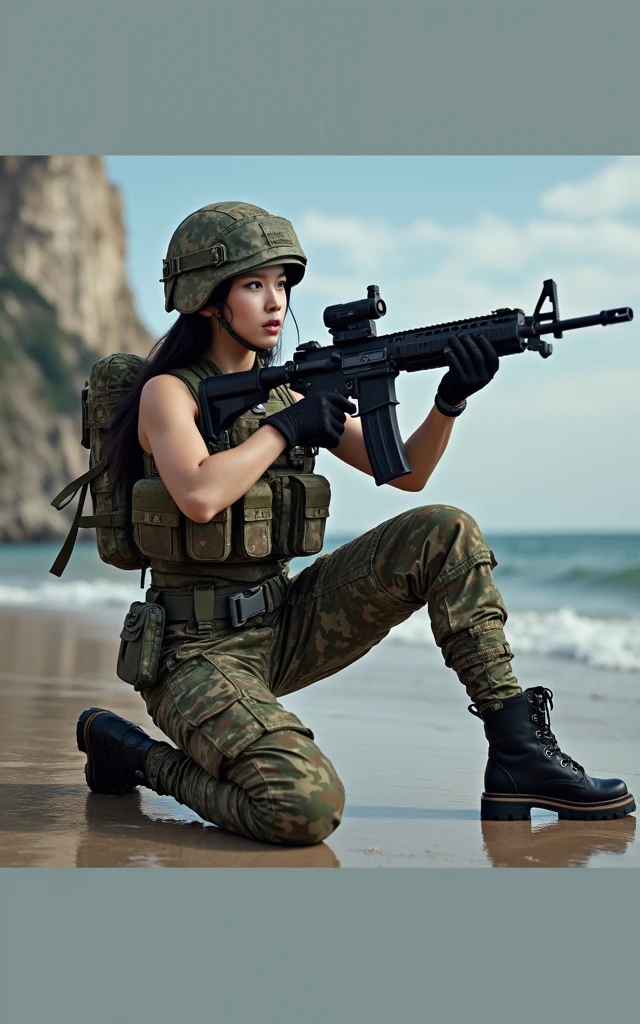 Ultra-high resolution，High-resolution details，Photo real, , (1 Korean female soldier，Super beautiful，Super white face), (Wearing Army Camouflage Uniform Camouflage Pants，Wearing a military helmet), Large breasts, (Tactical Vest, Military wiring harness), (Military boots)（full-body shot，panorama distant view，Wide-angle lens）Realistic photos, Realistic skin texture, Surrealism, Normandy landing beaches、Movement postures in motion, Heavy weapons,
