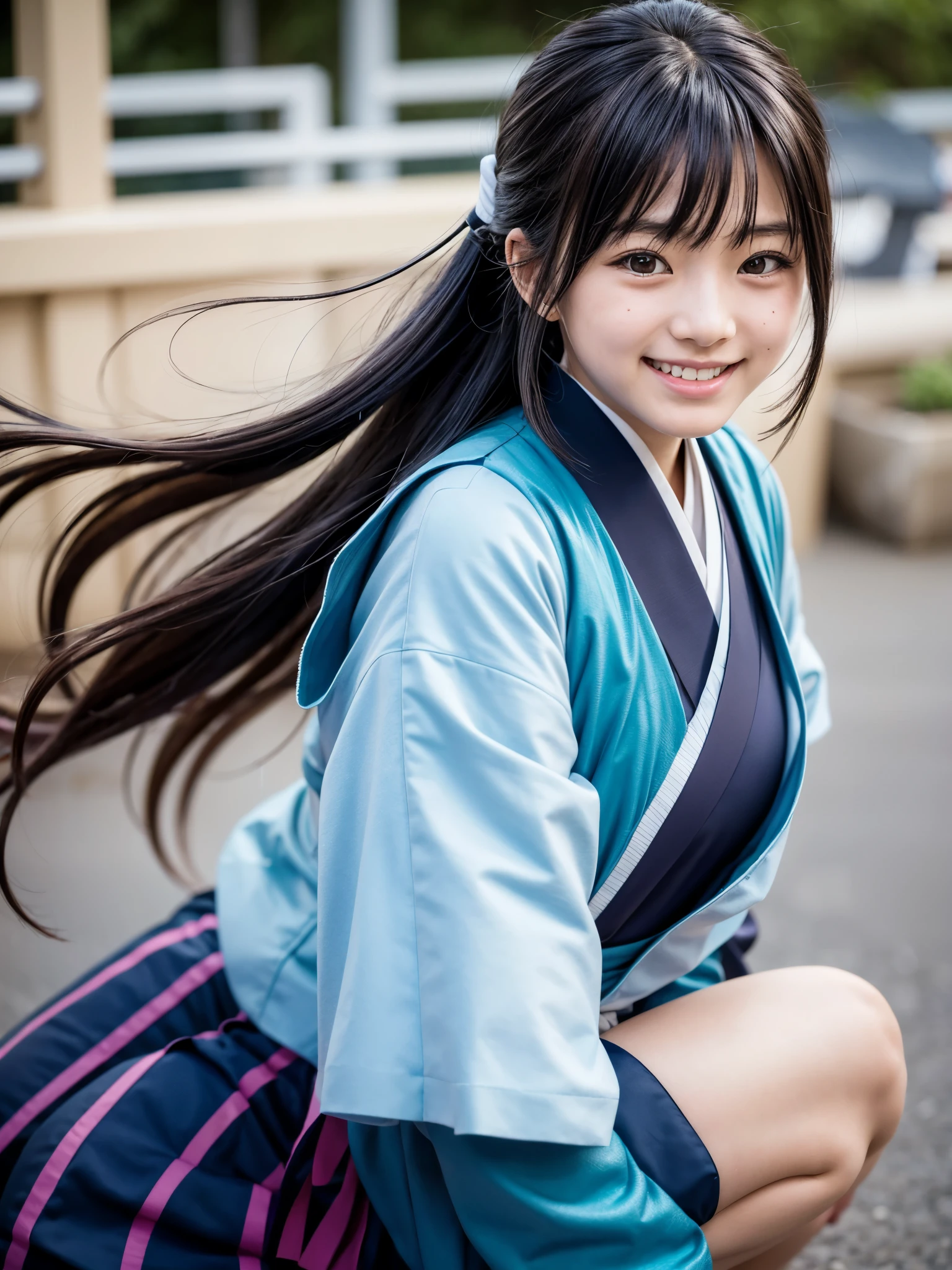 Japanese elementary school girl smiling cosplaying as Okita Souji of the Shinsengumi Kyoto modern times
