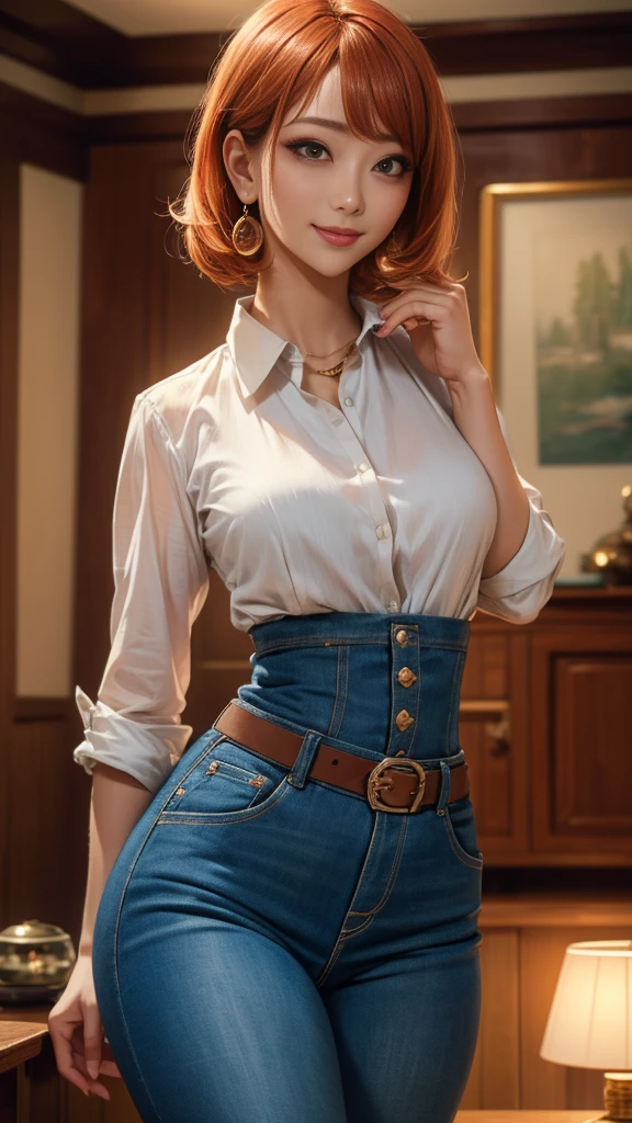 (best quality,4k,8k,highres,masterpiece:1.2),ultra-detailed, 1woman, Japanese woman, gyaru, AIKA, five foot five inches tall, ginger colored hair, mole by her left eye, blue button up blouse, maroon jeans, large swollen breasts, wide hips, dancing around mid-western suburban american house, seductive pose, smiling lustfully, looking at viewer lovingly, ((intricate detail)),(((realism))), HDR, 8k, absurdres, cinestill 800, sharp focus, add_detail:2, (solo, woman)