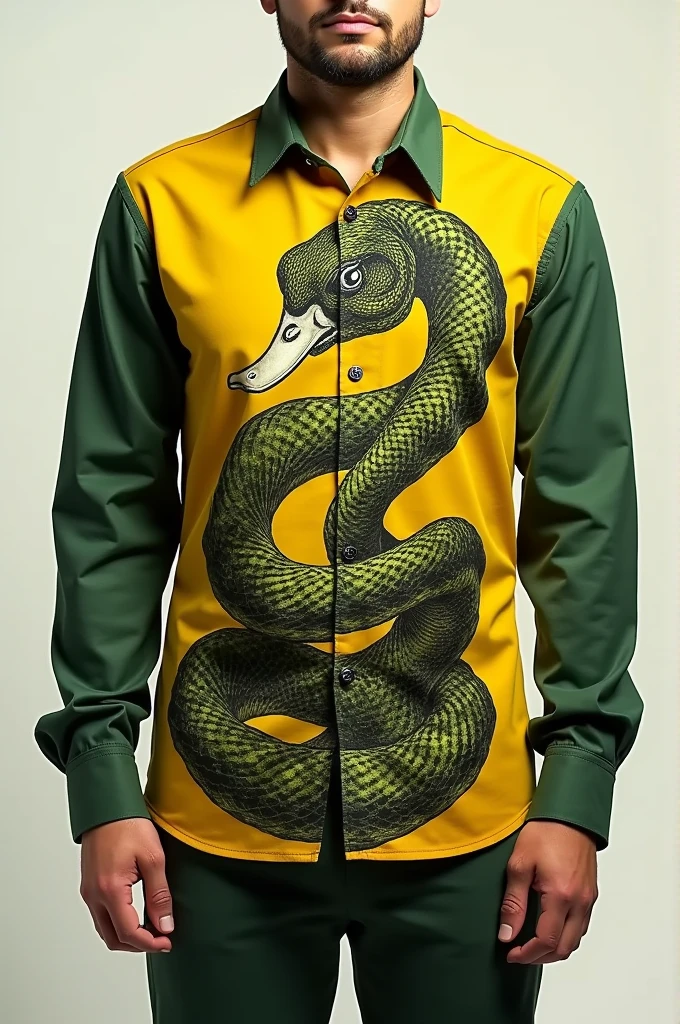 Yellow and green shirt, military strike, with the print of a snake with a duck's head