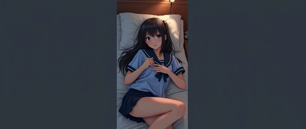 (32K:1.9, Realistic:1.9, Highest quality, masterpiece, Ultra-high resolution), Perfect dynamic composition:1.3, Highly detailed skin and facial textures:1.3, (Cute sexy slim Japanese schoolgirl, height: 155cm), ((Lying in bed。Kiss you:1.4)), Fair skin, ((Clarity:1.1)), (The woman is wearing a uniform with a light blue bow tie., Ponytailed black hair:1.3, smile:0.9, A man completely charms a woman:0.9, beautiful Blue Eyes, beautiful, Clear Eyes:0.8), Sexy Face:0.4, blush:1.1, ((beautifulエロティシズムを醸し出す雰囲気:1.0, Professional random camera work:1.0, Cinematic Lighting Effects:1.0, romantic:1.0, artistic:1.0, mysterious:1.0)), Too erotic, Object of admiration, original, dramatic, Innovative, charm, Heartful, Fancy, Tilt, sense of loss, special, exciting, Extreme, sense of openness, joy, joyの表現, ((若さのcharm, 女性的なcharm))