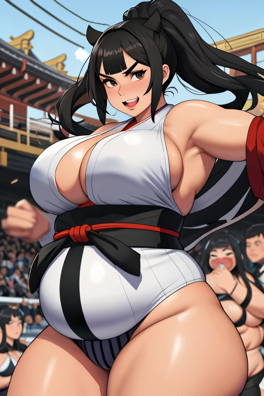 2fat sumo girls wrestling, black hair, black eyes, white sumo mawashi outfit, medieval sumo arena background, medieval Japan